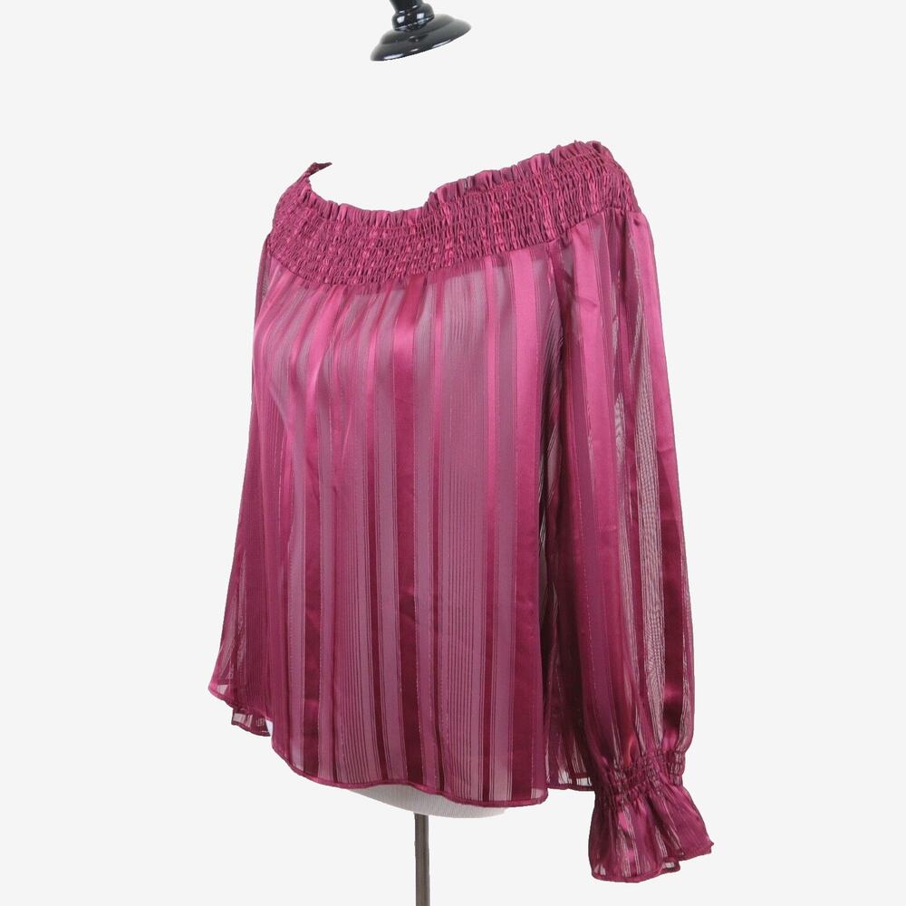 J.O.A. Los Angeles Size M Smocked Off Shoulder Top Sheer Stripe Red